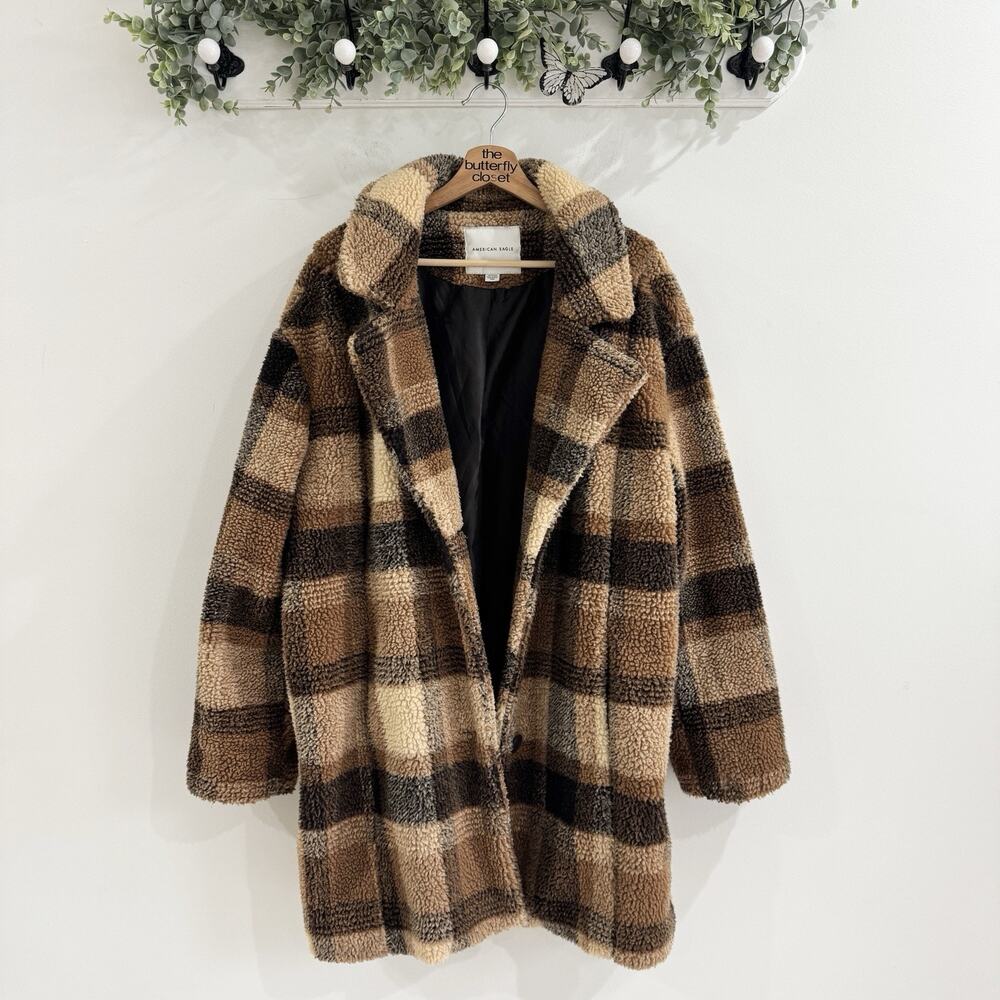 American Eagle Brown Plaid Teddy Coat Long XL CP